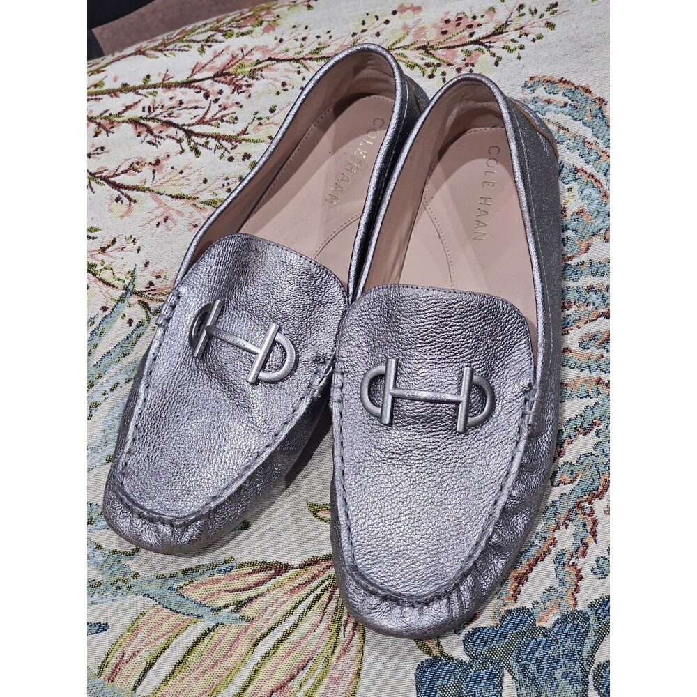 Womens 7.5 B Cole Haan Tully Metallic Pewter Leather Driving Mocs Loafers W26406
